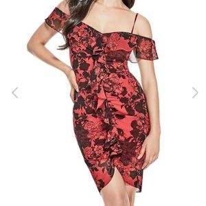 GUESS Red floral off the-shoulder dress